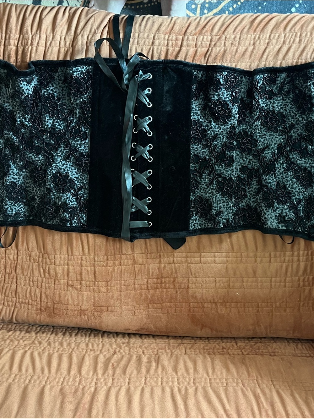 Black Velvet and Beaded 40” Lace-Up Corset